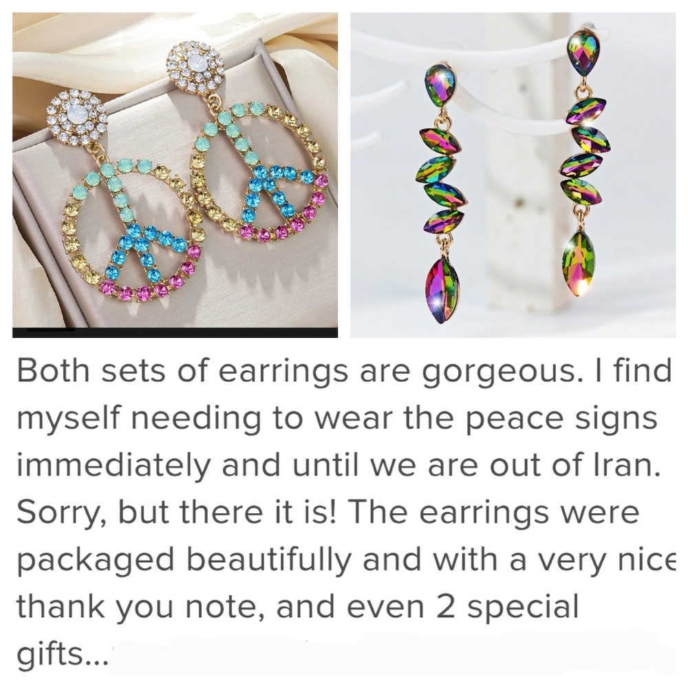 Peace Sign Rhinestone Statement Earrings Emerald Green - Picture 5 of 8